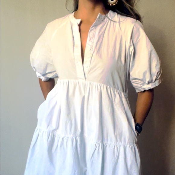 English Factory 100% cotton midi white tiered dress with puff sleeves and pocket - Picture 2 of 6